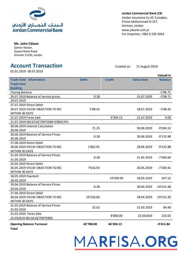 Blank Jordan Commercial bank statement word example
